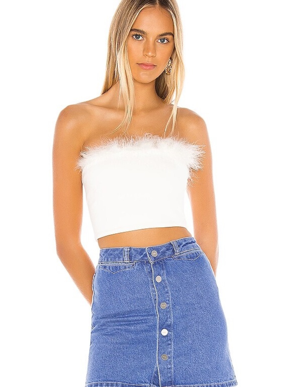 superdown White Feather-Trim Strapless Crop Top